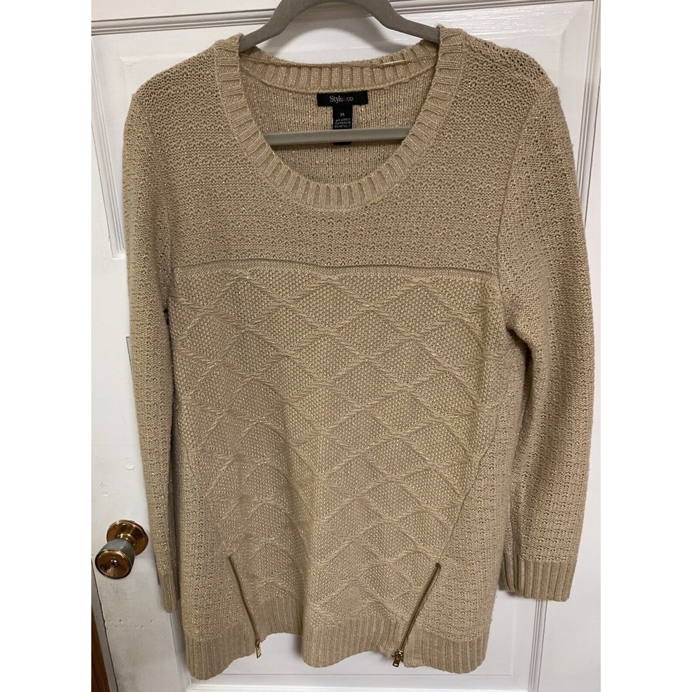 Style & Co XL Pull on Sweater Metallic Thread Accent Front Decorative Zippers